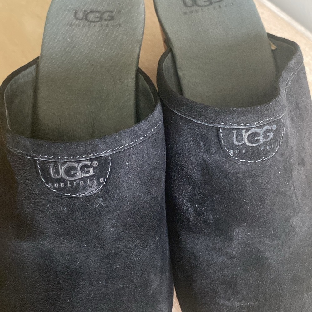 UGG Black Suede Mules with Tan Wooden Heel - Picture 4 of 13